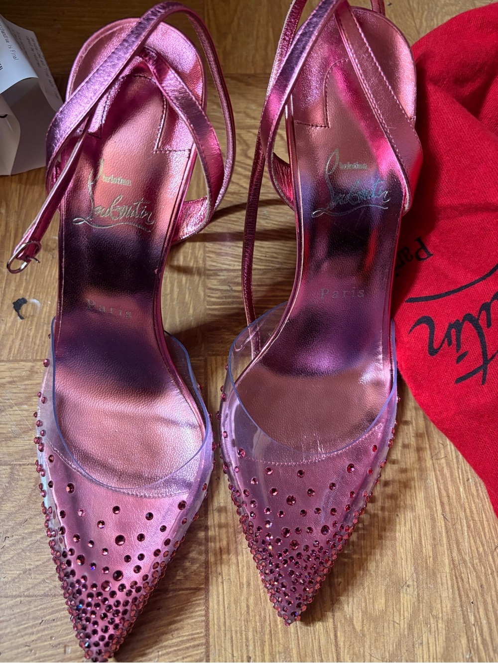 Christian Louboutin Pink Metallic Crystal Pointed Slingbacks